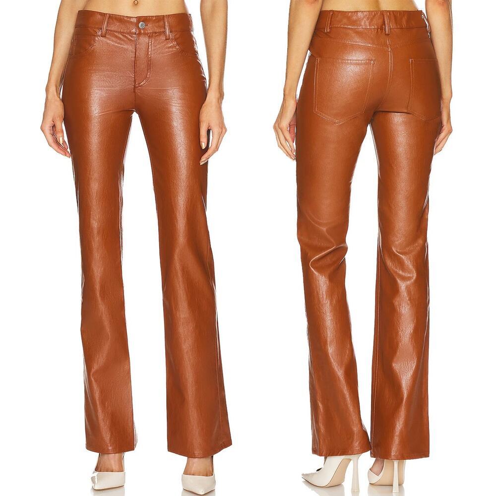 A.L.C. Leather Straight-Leg Pants in Cognac Brown